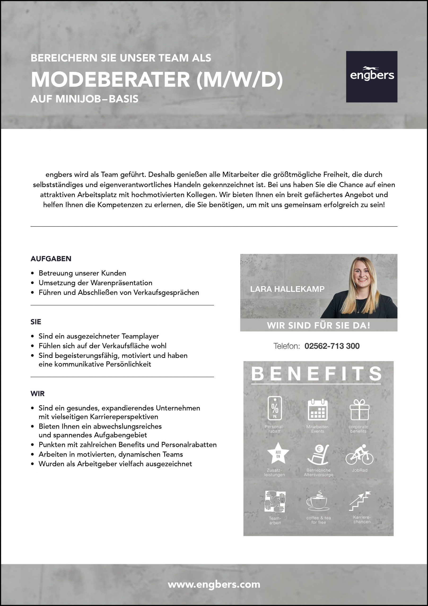 Stellenanzeige für einen Modeberater (m/w/d) bei engbers. Enthält eine Stellenbeschreibung, Informationen zu den Sozialleistungen, Kontaktdaten und ein Foto der Ansprechpartnerin. Grau-weißes Design mit Text und grafischen Symbolen für die Sozialleistungen.